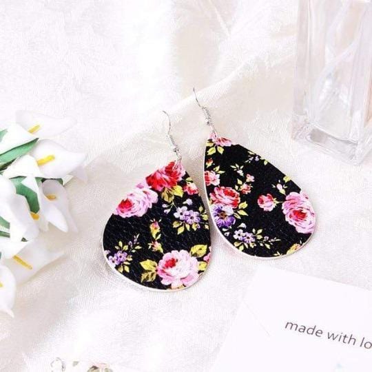 soulvalleytribe Floral Print Teardrop Earrings Black with Pink and Purple Flowers Earrings