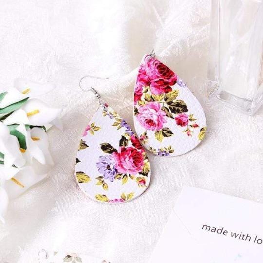 soulvalleytribe Floral Print Teardrop Earrings White with Pink Flowers Earrings