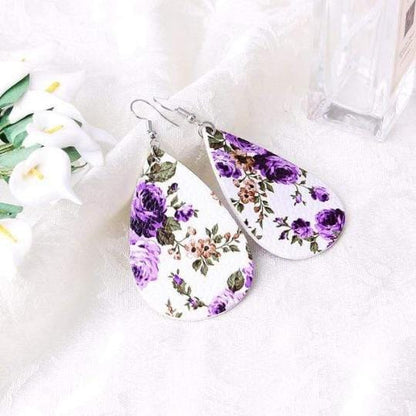 soulvalleytribe Floral Print Teardrop Earrings White with Purple Flowers Earrings