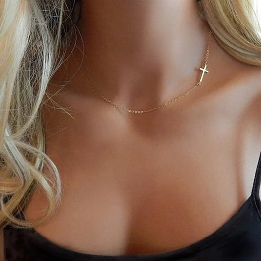 soulvalleytribe Delicate Sideways Faith Gold Cross Choker Necklace Gold Necklaces