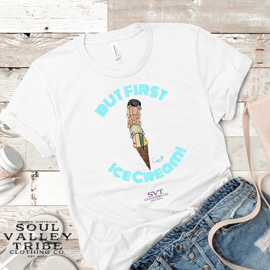 soulvalleytribe But First, Ice Cream! Kids Tee - Blue Writing White / Kids 2 Kids Tees