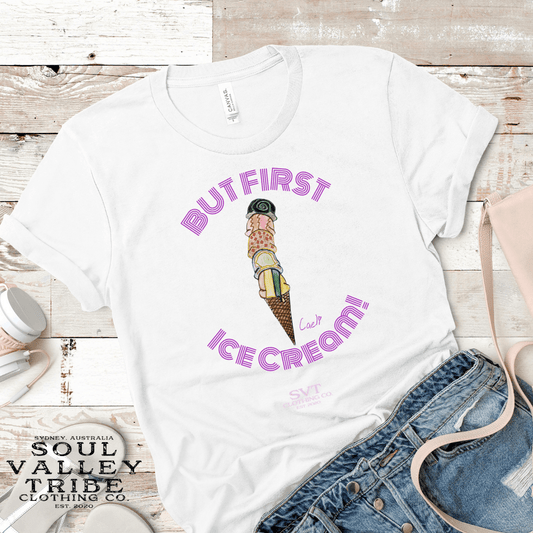 soulvalleytribe But First, Ice Cream! Kids Tee - Purple Writing White / Kids 2 Kids Tees