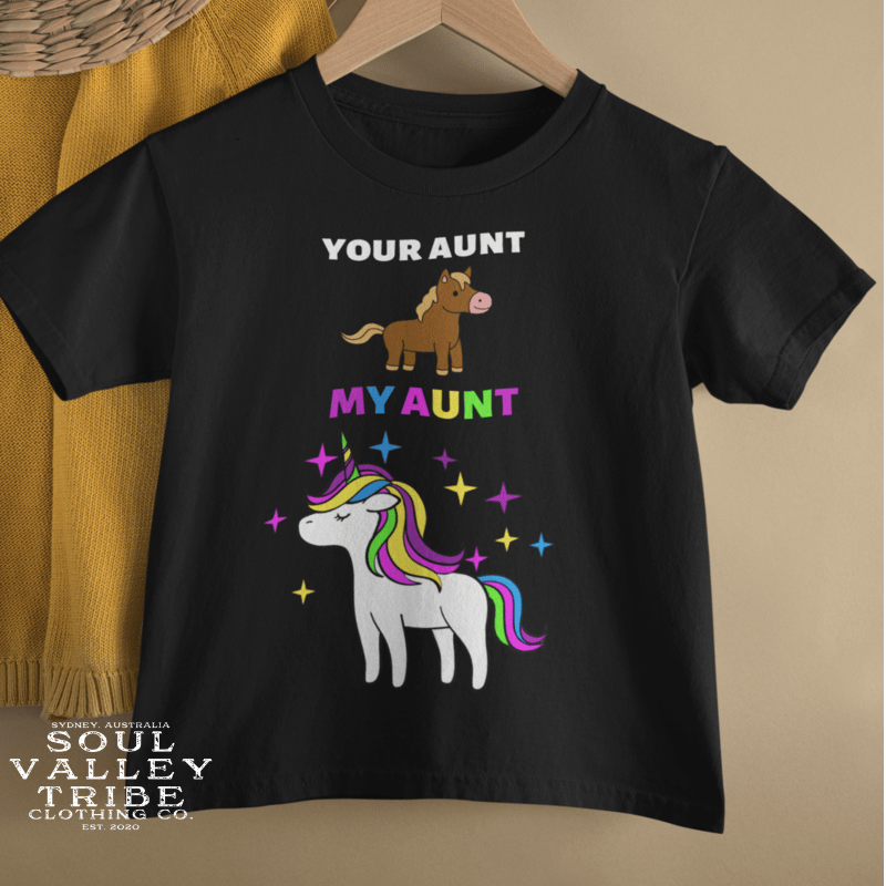 soulvalleytribe Your Aunt My Aunt Unicorn Kids Tee Black / Kids 2 Shirts & Tops