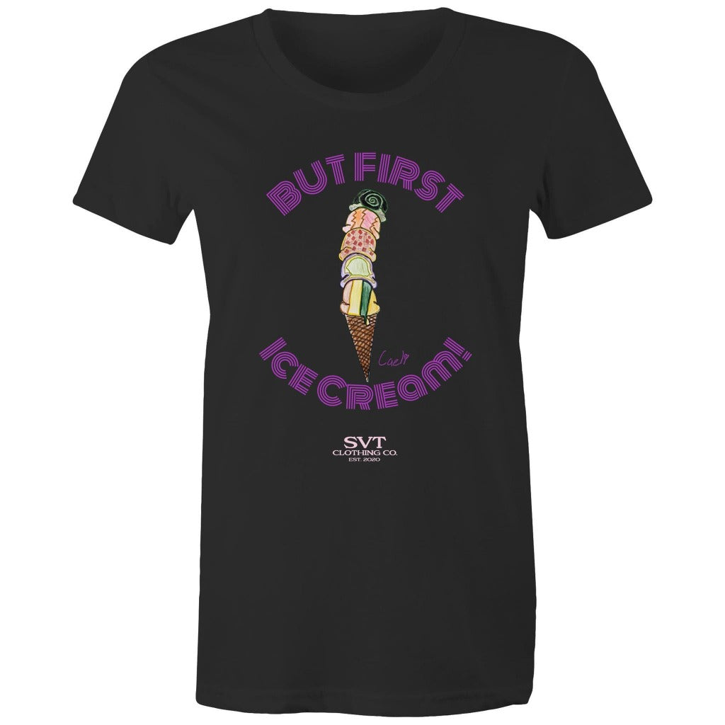 soulvalleytribe But First, Ice Cream! Ladies Tee - Purple Writing Black / XS Tees