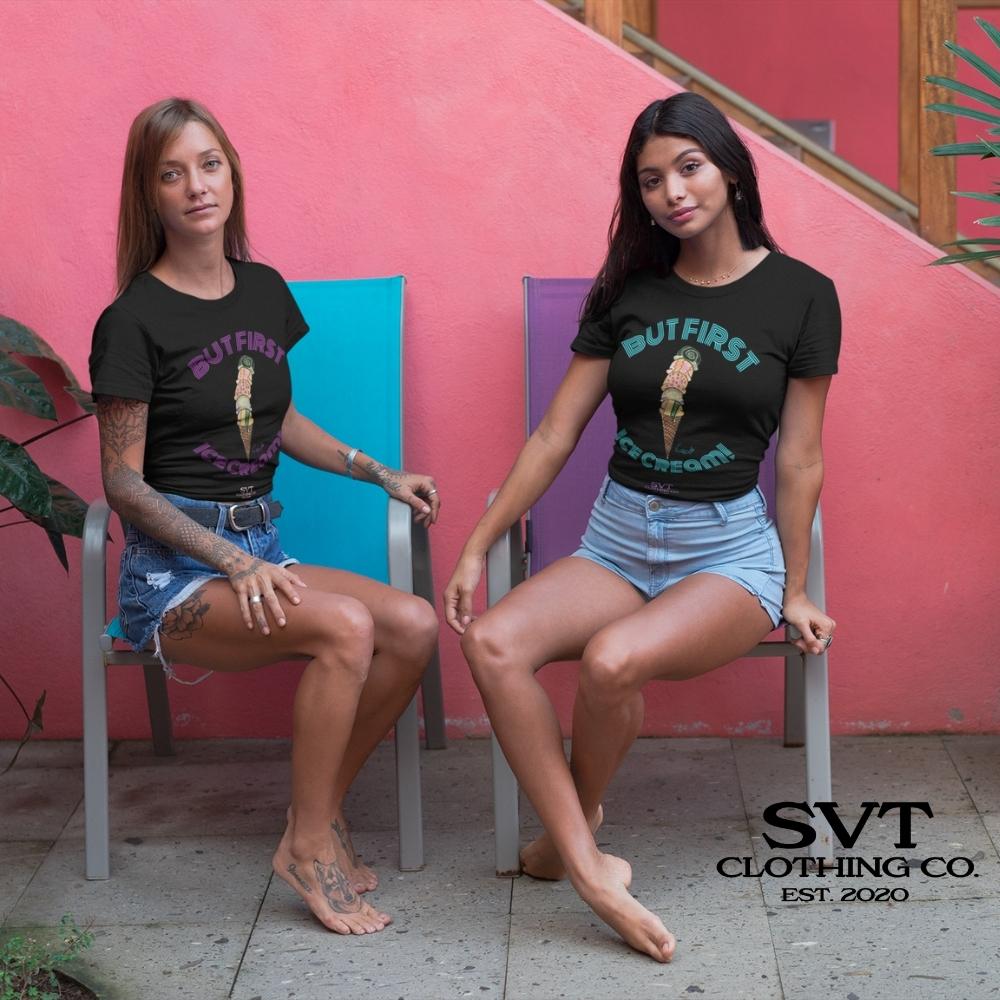 soulvalleytribe But First, Ice Cream Ladies Tee - Blue Writing Tees