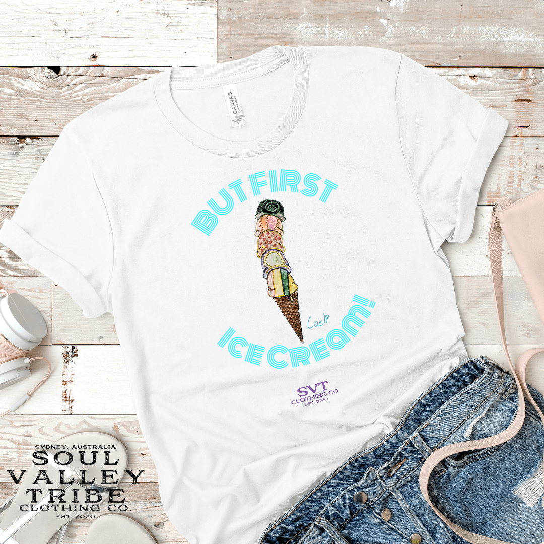 soulvalleytribe But First, Ice Cream Ladies Tee - Blue Writing Tees