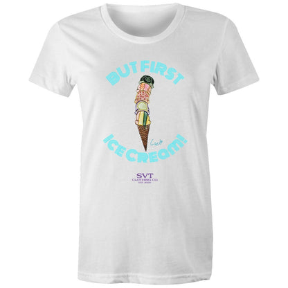 soulvalleytribe But First, Ice Cream Ladies Tee - Blue Writing White / XS Tees