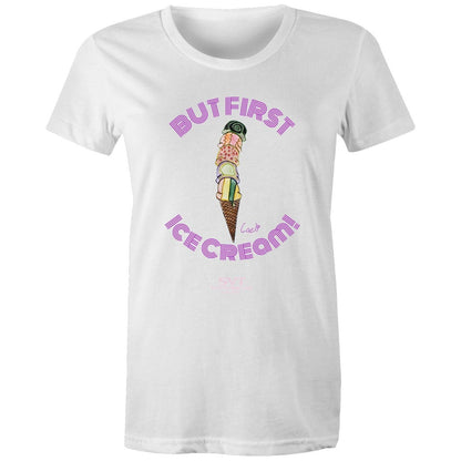 soulvalleytribe But First, Ice Cream! Ladies Tee - Purple Writing White / XS Tees